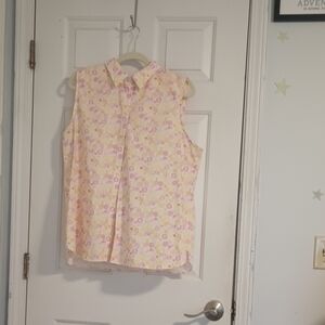 Lands' End Pink and Yellow Button Down Sleeveless Top Size 18